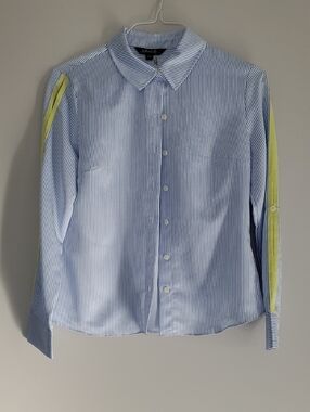 NWOT CHARLIE B Blue Pinstripe Button-Down Silk Shirt with Yellow Sleeve Stripe